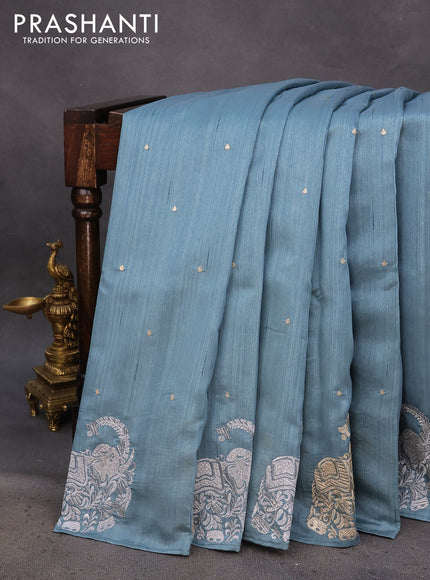 Semi tussar saree pastel blue with zari woven buttas and elephant zari woven butta border