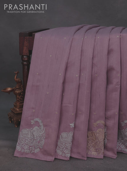 Semi tussar saree pastel purple with zari woven buttas and elephant zari woven butta border