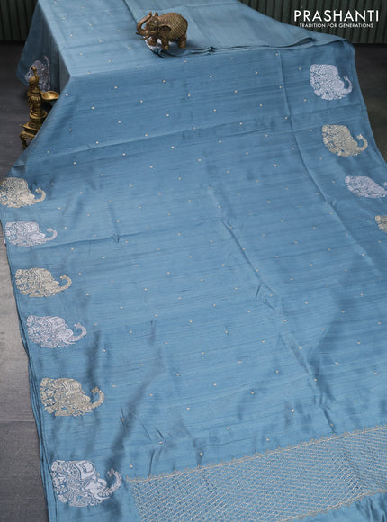 Semi tussar saree pastel blue with zari woven buttas and elephant zari woven butta border