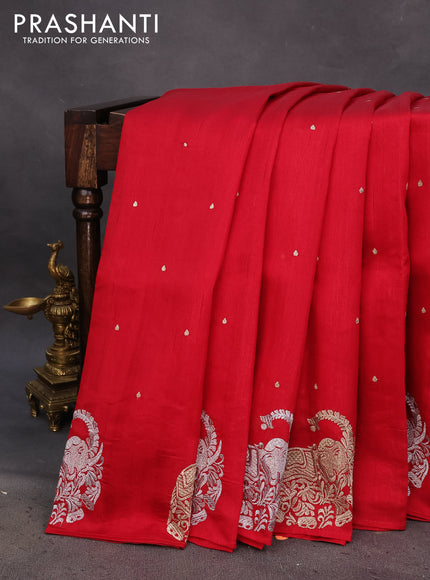 Semi tussar saree red with zari woven buttas and elephant zari woven butta border