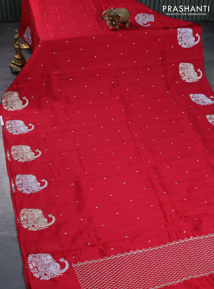 Semi tussar saree red with zari woven buttas and elephant zari woven butta border