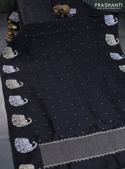 Semi tussar saree black with zari woven buttas and elephant zari woven butta border