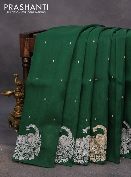 Semi tussar saree green with zari woven buttas and elephant zari woven butta border