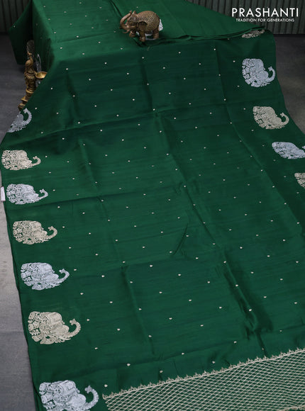 Semi tussar saree green with zari woven buttas and elephant zari woven butta border