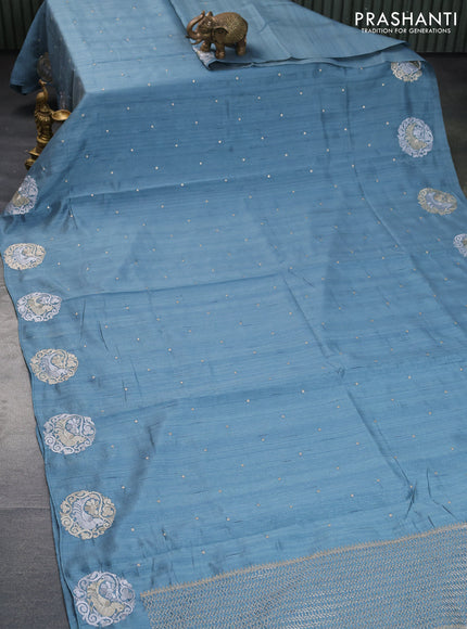 Semi tussar saree pastel blue with zari woven buttas and zari woven butta border