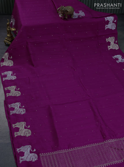 Semi tussar saree dark magenta pink with zari woven buttas and zari woven butta border