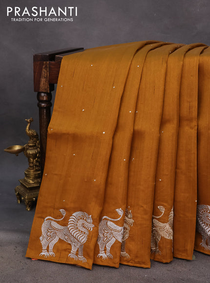 Semi tussar saree dark mustard with zari woven buttas and zari woven butta border