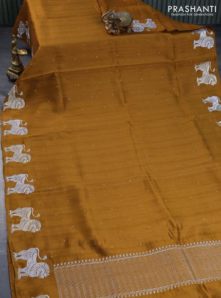 Semi tussar saree dark mustard with zari woven buttas and zari woven butta border