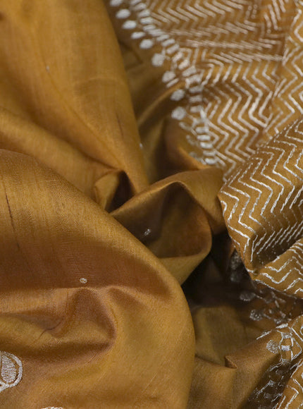 Semi tussar saree dark mustard with zari woven buttas and zari woven butta border