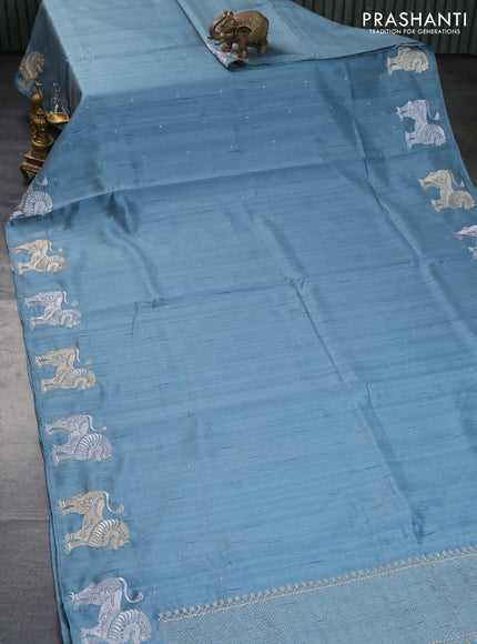 Semi tussar saree pastel blue with zari woven buttas and zari woven butta border