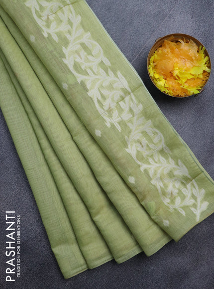 Munga cotton saree pista green with thread & zari woven buttas and thread woven border