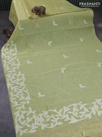 Munga cotton saree pista green with thread & zari woven buttas and thread woven border