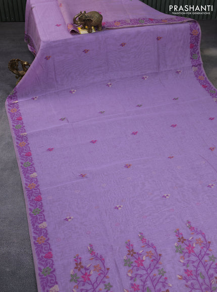 Munga cotton saree lavender shade with thread & zari woven floral buttas and woven border