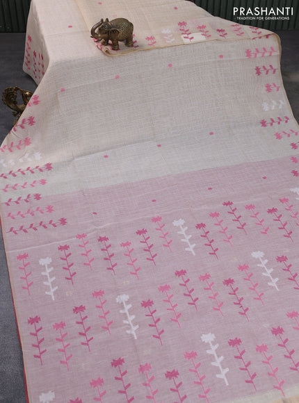 Munga cotton saree beige and pink with allover checks & thread buttas and thread woven butta border