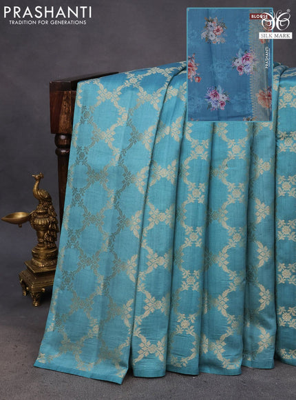 Chiniya silk saree pastel blue with allover zari weaves in borderless style