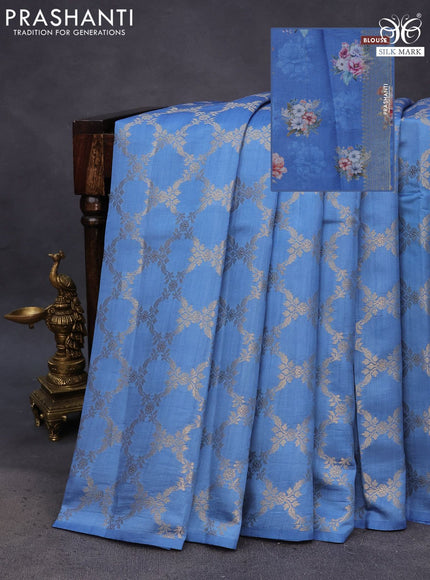 Chiniya silk saree blue with allover zari weaves in borderless style