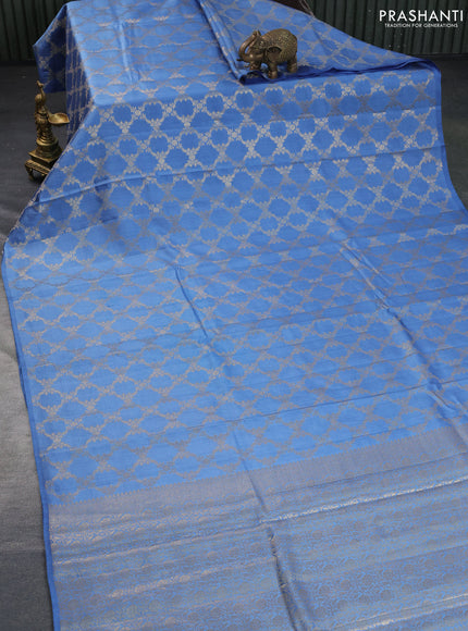 Chiniya silk saree blue with allover zari weaves in borderless style