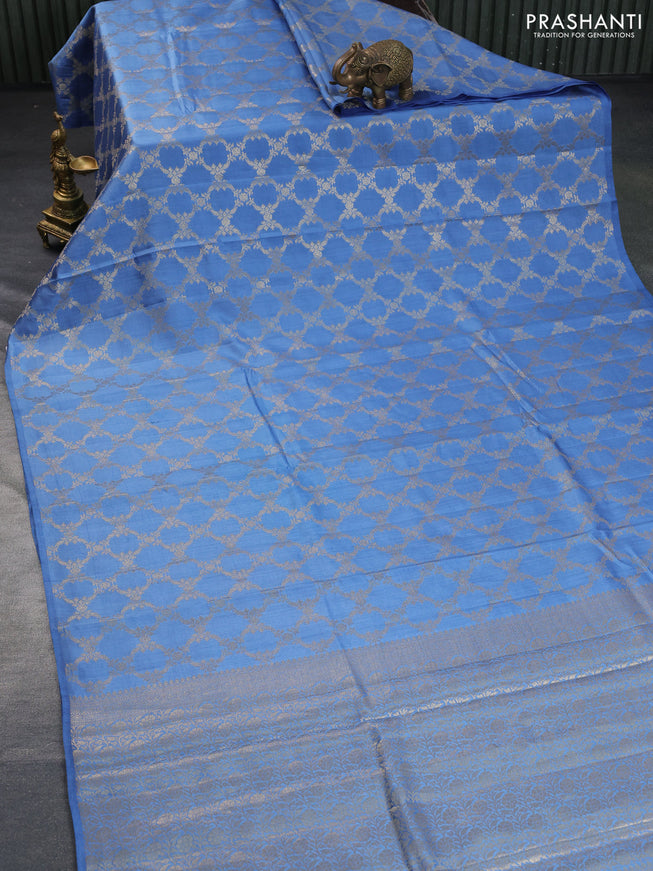 Chiniya silk saree blue with allover zari weaves in borderless style