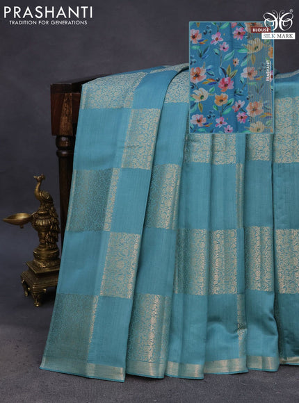 Chiniya silk saree blue shade with allover box type zari weaves and zari woven border