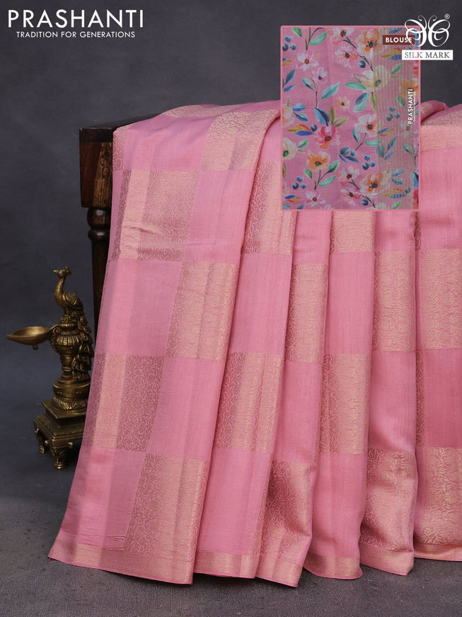 Chiniya silk saree pastel pink with allover box type zari weaves and zari woven border