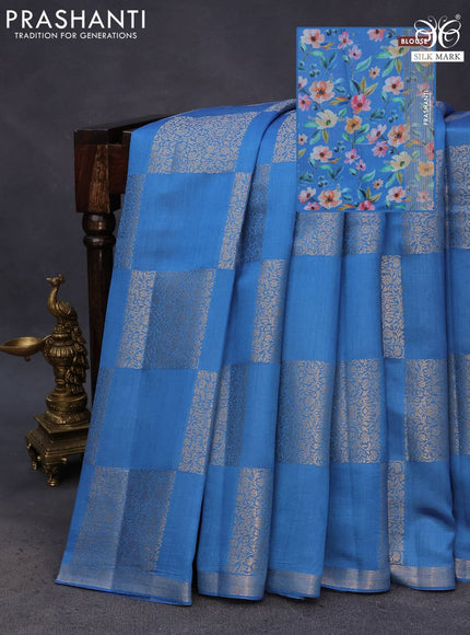 Chiniya silk saree blue with allover box type zari weaves and zari woven border