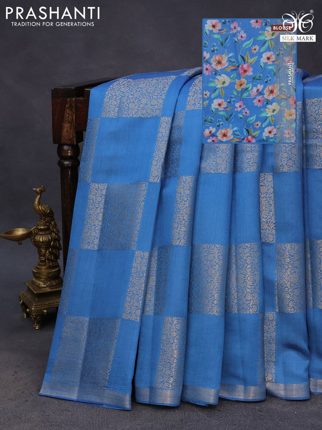 Chiniya silk saree blue with allover box type zari weaves and zari woven border