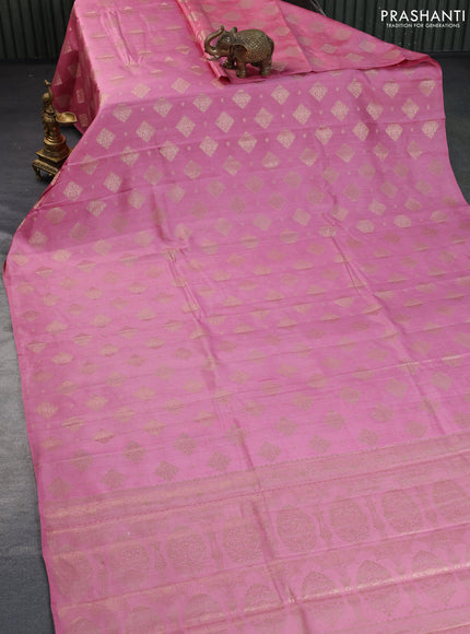 Chiniya silk saree light pink with allover zari woven butta weaves in borderless style