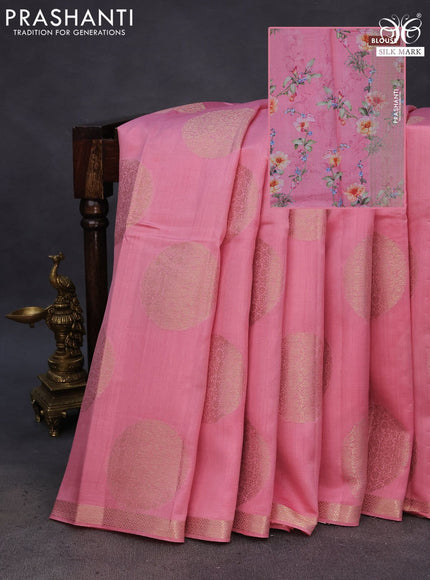 Chiniya silk saree peach pink with zari woven buttas and zari woven border