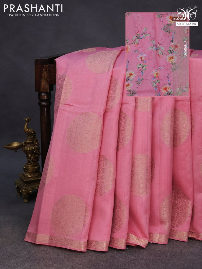 Chiniya silk saree peach pink with zari woven buttas and zari woven border