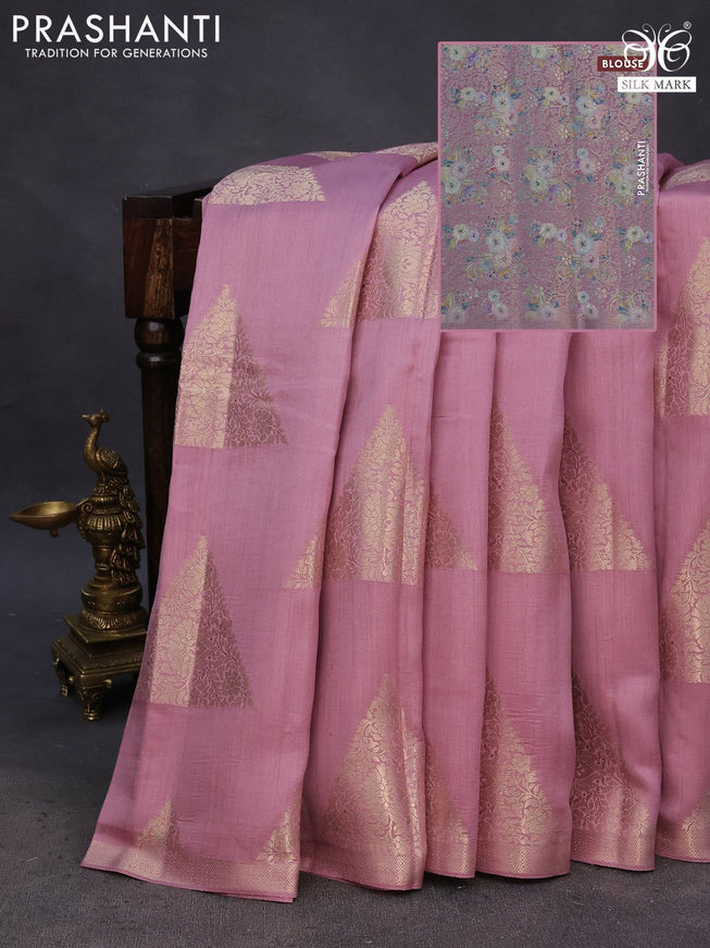 Chiniya silk saree mauve pink with geometric zari woven buttas and zari woven border