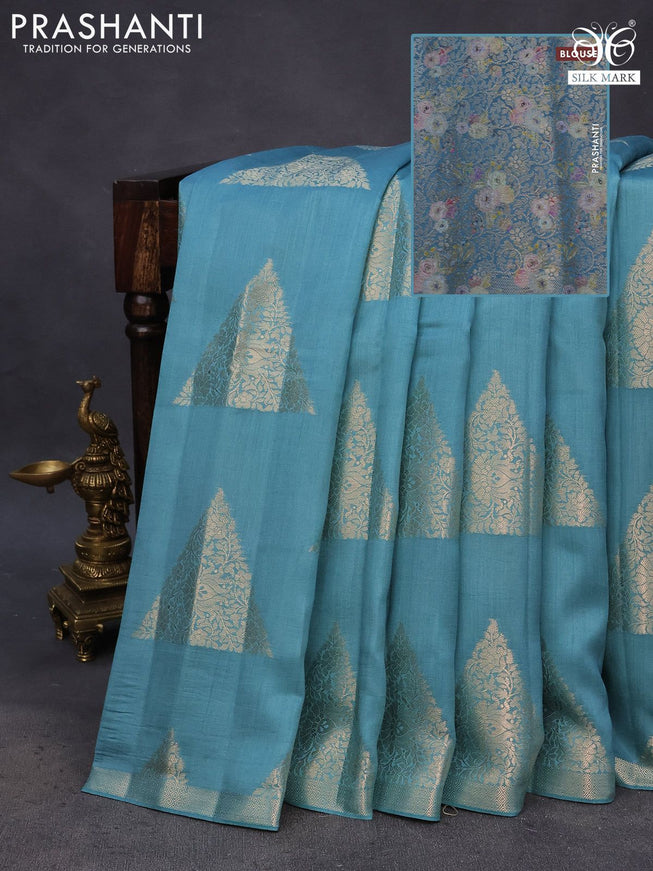 Chiniya silk saree teal blue shade with geometric zari woven buttas and zari woven border