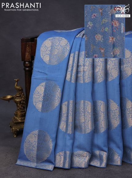 Chiniya silk saree blue with zari woven buttas and zari woven border