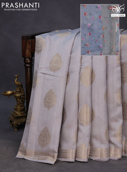 Chiniya silk saree grey with zari woven buttas and zari woven border