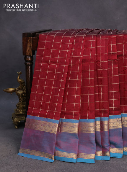 Kanchipuram silk cotton saree maroon and teal blue with allover checked pattern and rettapet zari woven border