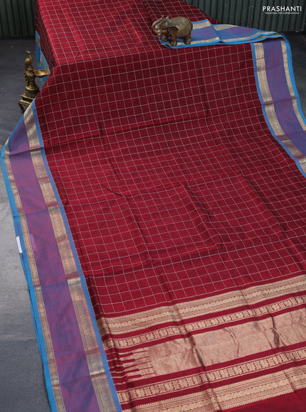 Kanchipuram silk cotton saree maroon and teal blue with allover checked pattern and rettapet zari woven border