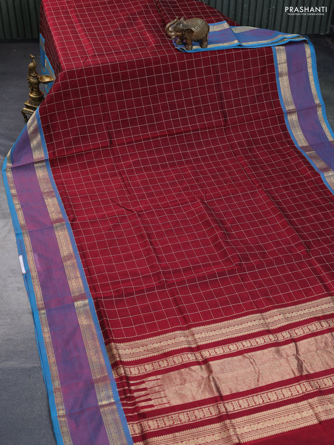 Kanchipuram silk cotton saree maroon and teal blue with allover checked pattern and rettapet zari woven border