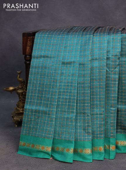 Kanchipuram silk cotton saree green shade with allover thread woven checked pattern and simple border