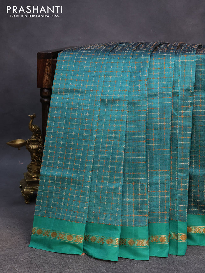 Kanchipuram silk cotton saree green shade with allover thread woven checked pattern and simple border