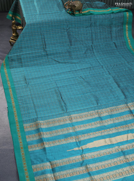 Kanchipuram silk cotton saree green shade with allover thread woven checked pattern and simple border