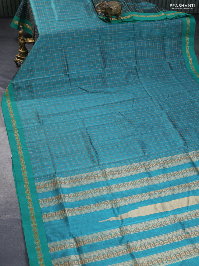 Kanchipuram silk cotton saree green shade with allover thread woven checked pattern and simple border