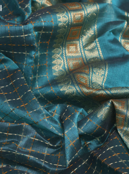 Kanchipuram silk cotton saree green shade with allover thread woven checked pattern and simple border