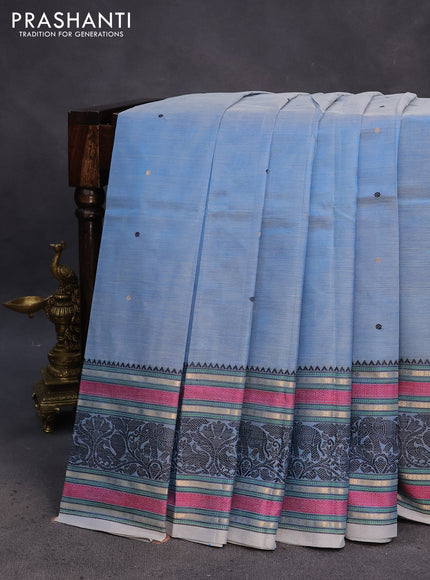 Kanchipuram silk cotton saree blue shade with thread woven buttas and long thread woven border