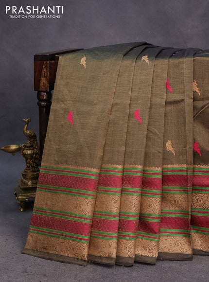 Kanchipuram silk cotton saree dark sap green with thread woven buttas and long thread woven border