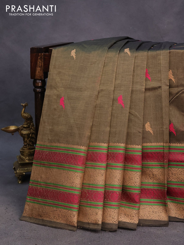 Kanchipuram silk cotton saree dark sap green with thread woven buttas and long thread woven border