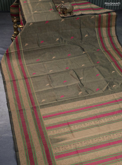 Kanchipuram silk cotton saree dark sap green with thread woven buttas and long thread woven border