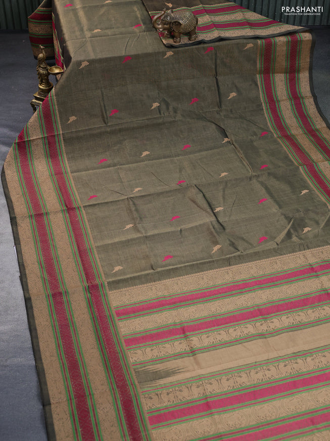 Kanchipuram silk cotton saree dark sap green with thread woven buttas and long thread woven border