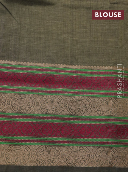 Kanchipuram silk cotton saree dark sap green with thread woven buttas and long thread woven border