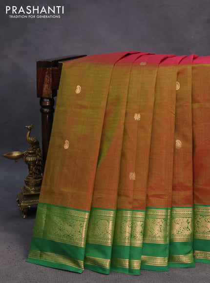 Kanchipuram silk cotton saree dual shade of greenish red and green with paisley zari woven buttas and rettapet zari woven border