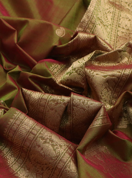 Kanchipuram silk cotton saree dual shade of greenish red and green with paisley zari woven buttas and rettapet zari woven border