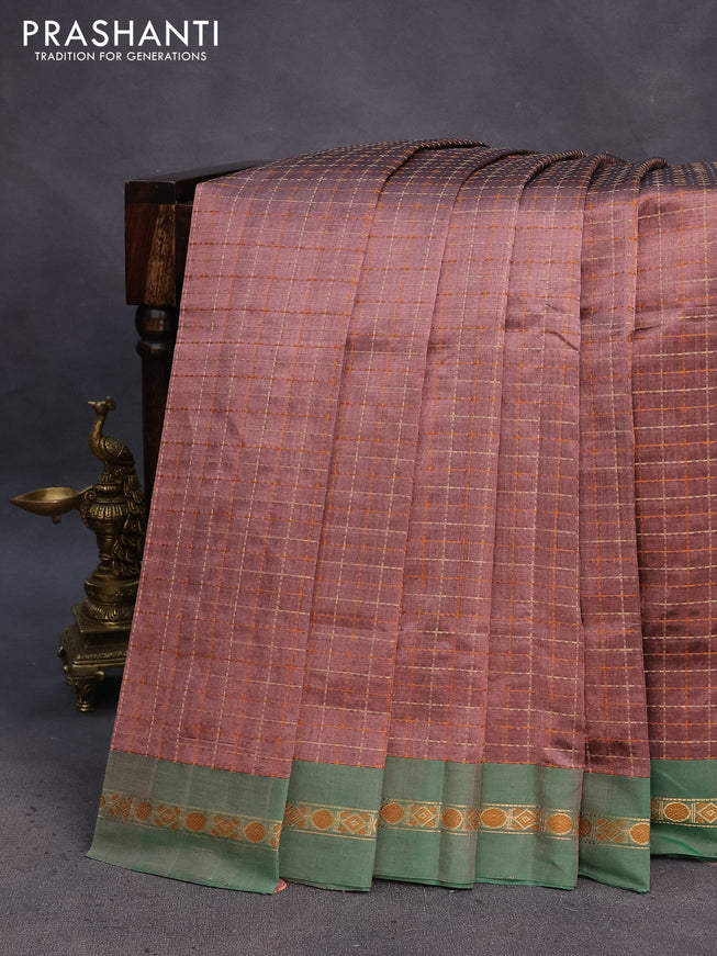 Kanchipuram silk cotton saree pastel brown and green with allover zari checked pattern and simple border